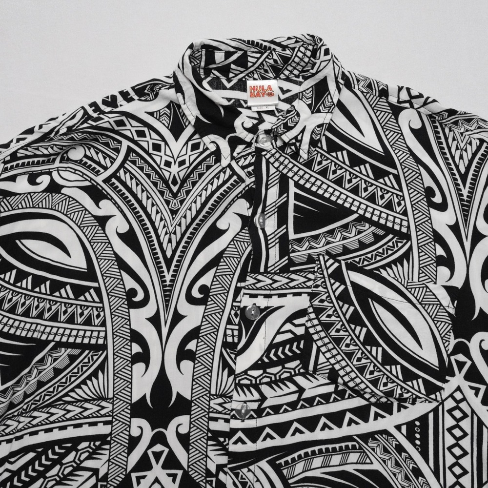 Hula Bay Aloha Shirt Mens XL Black White Polynesian Tribal Rayon Short Sleeve - Picture 3 of 16